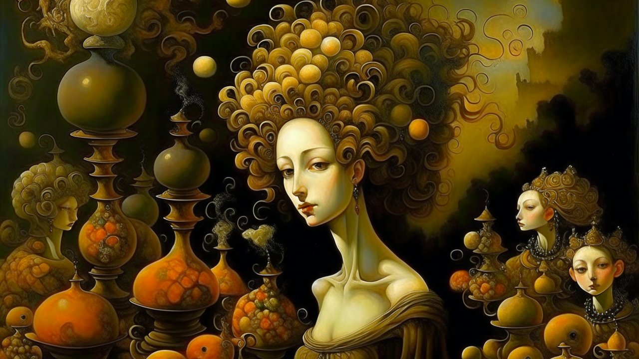 Surreal Portraits with Ornate Hair and Mystical Vessels