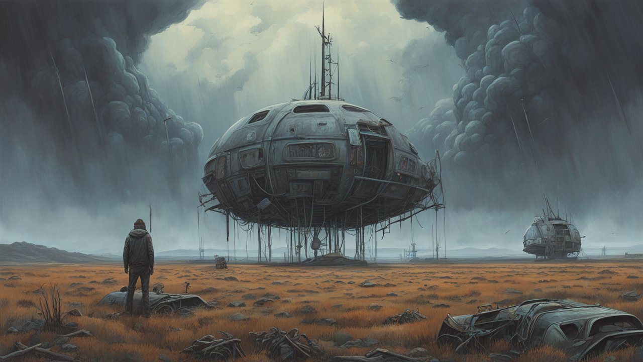 Surreal Post-Apocalyptic Landscape with Floating Structures