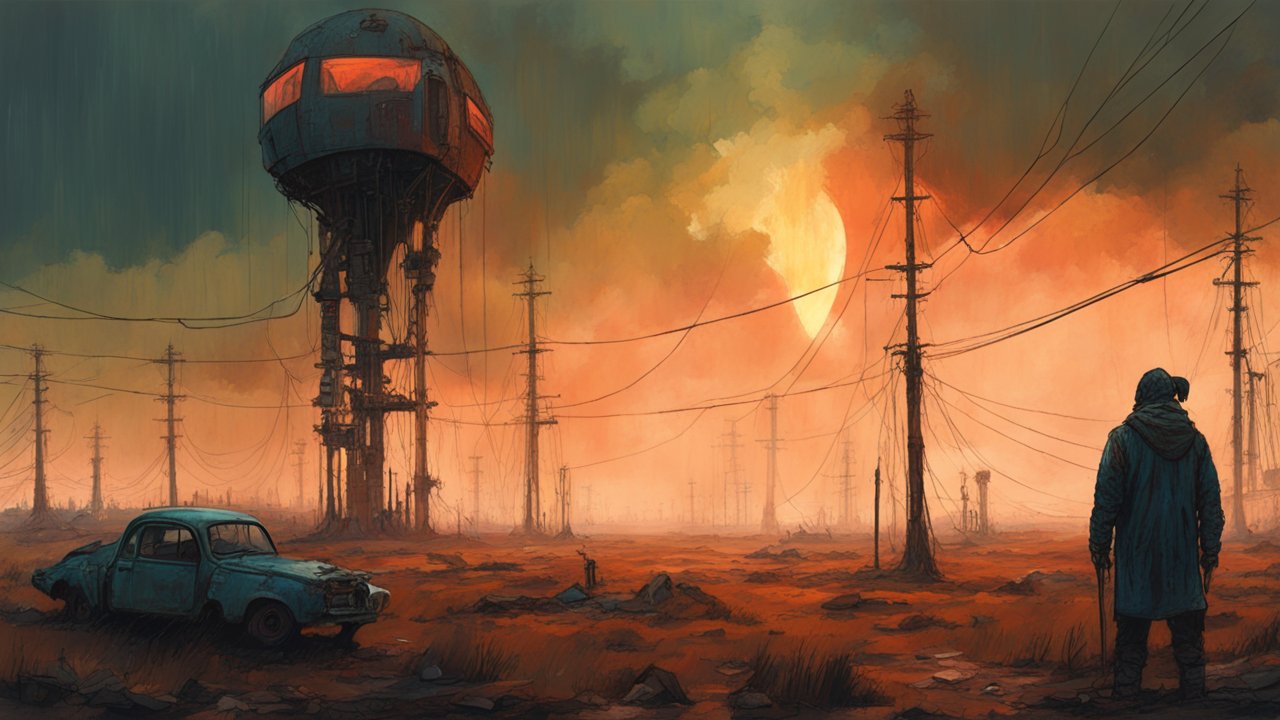 Surreal Post-Apocalyptic Landscape with Futuristic Tower