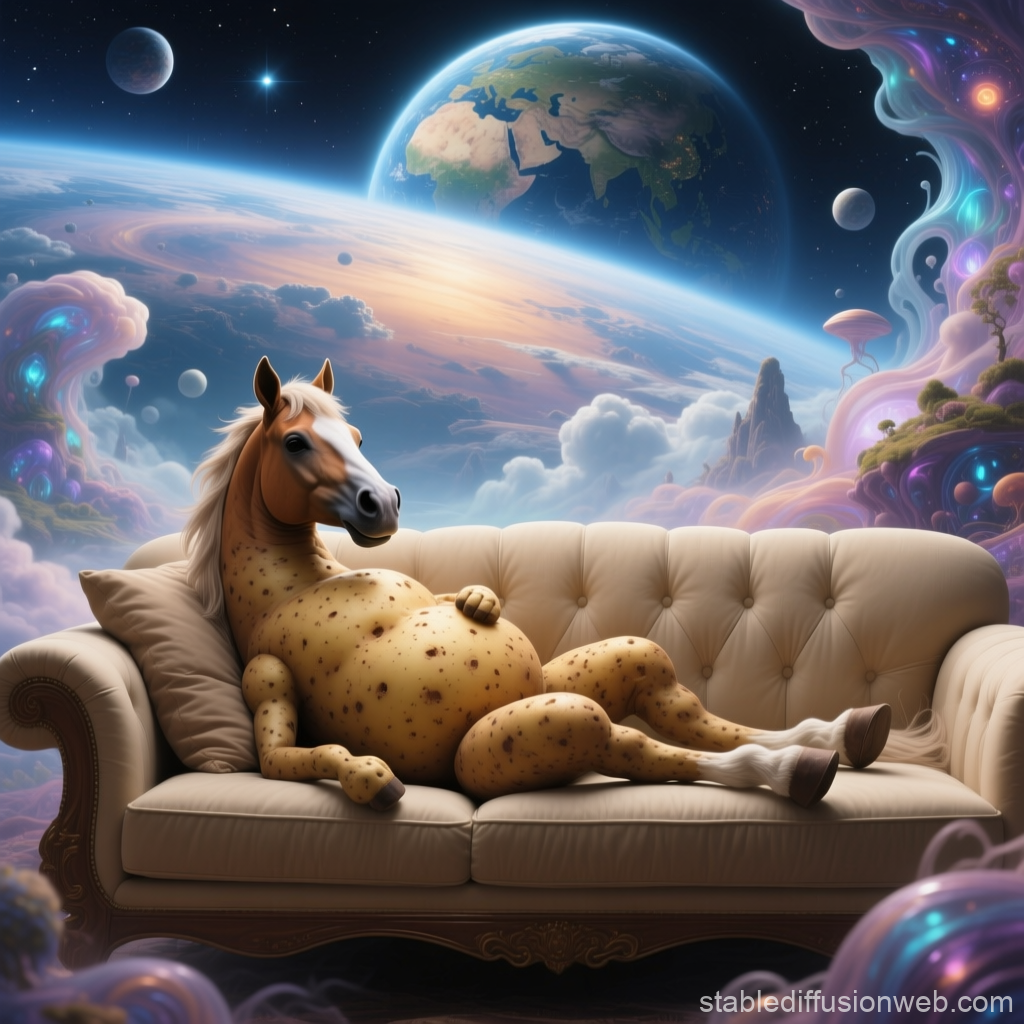 Surreal Potato-Horse Hybrid Relaxing on Couch in Cosmic Dreamscape