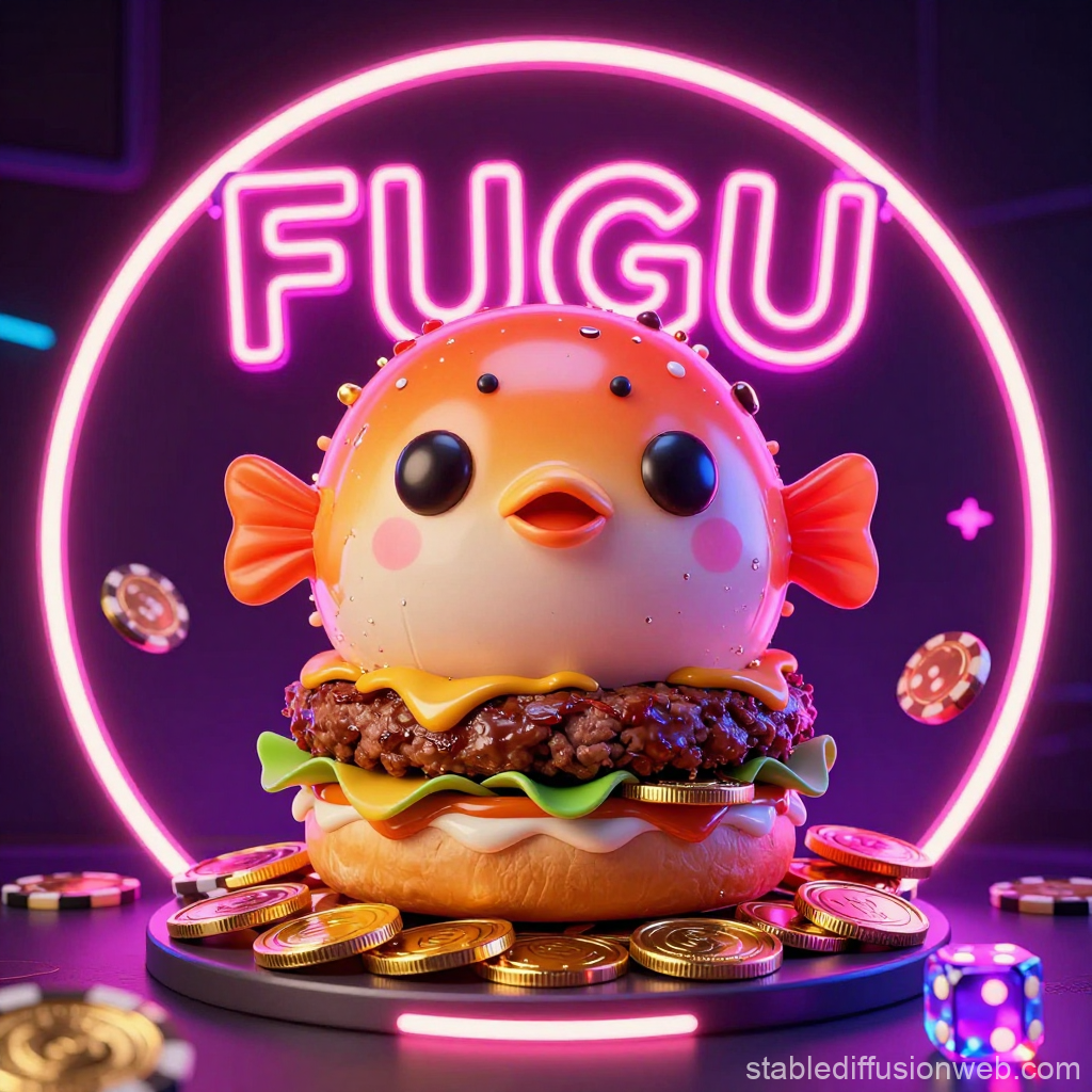 Surreal Pufferfish Burger with Neon FUGU Sign