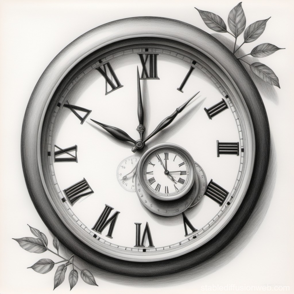 Surreal Recursive Clock with Leaves in Pencil Sketch