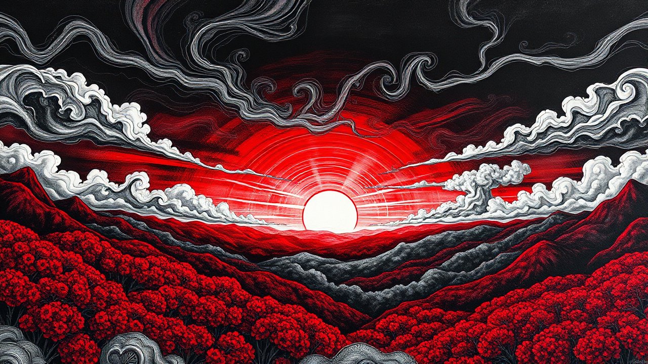 Surreal Red and Black Sunset Landscape