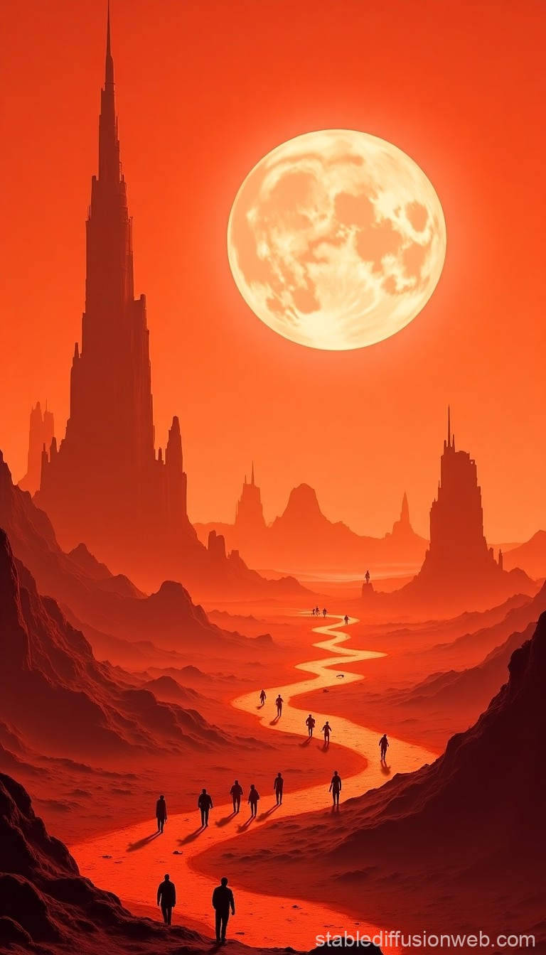 Surreal Red Desert with Towering Spires and Giant Moon