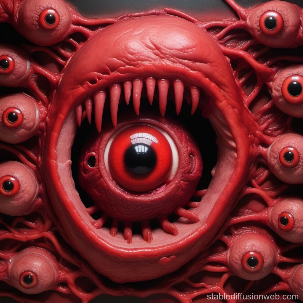 Surreal Red Eye Monster with Multiple Eyes and Teeth