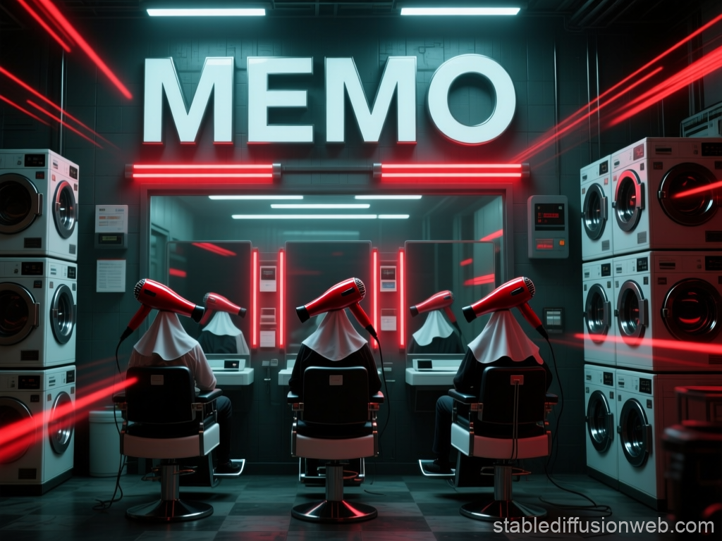 Surreal Salon with Nuns and Hairdryers in a Neon Laundromat
