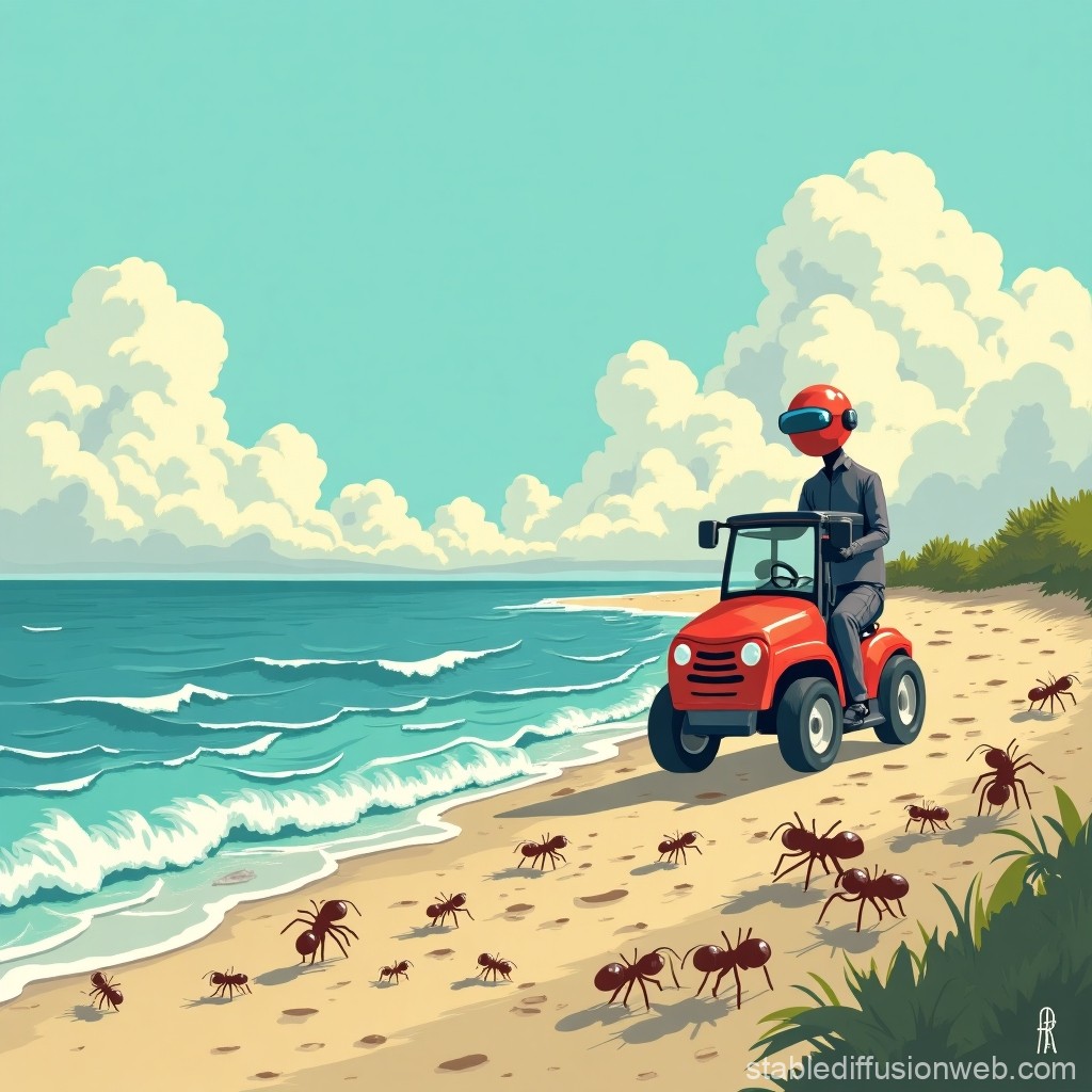 Surreal Scene of a Robot Driving a Small Vehicle on a Beach with Giant Ants