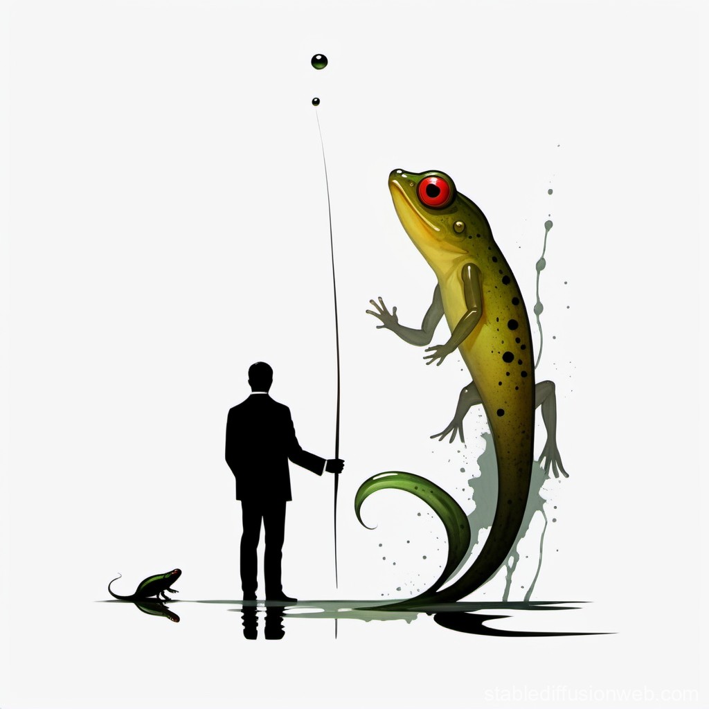 Surreal Scene of Man Fishing a Giant Frog