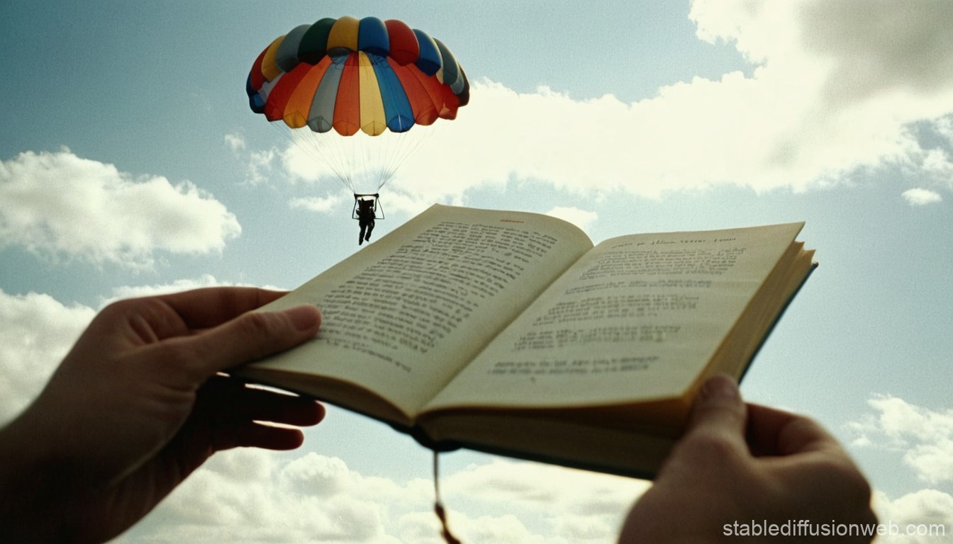 Surreal Scene of Parachuting Person Emerging from Book