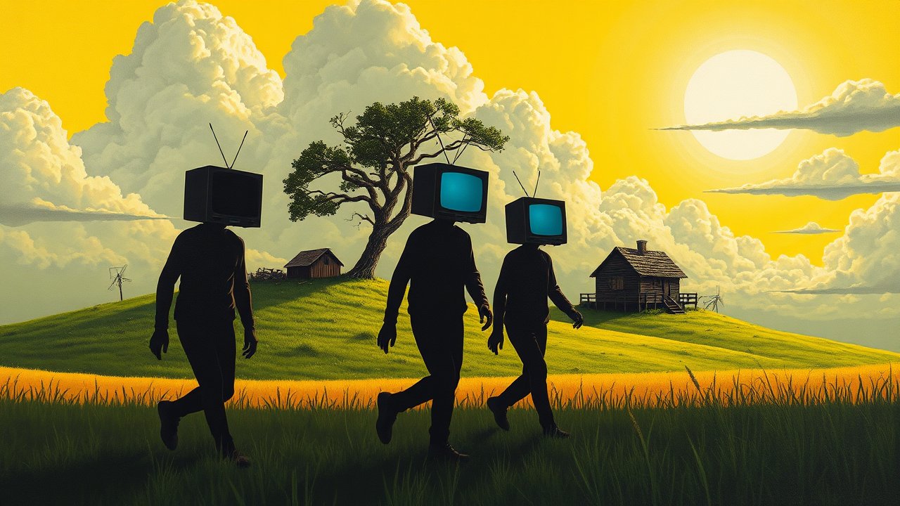 Surreal Scene of People with TV Heads in a Sunny Countryside