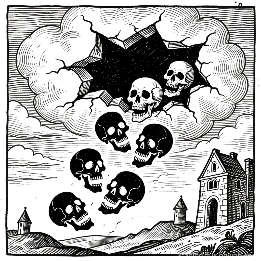 Surreal Scene of Skulls Falling from a Torn Sky
