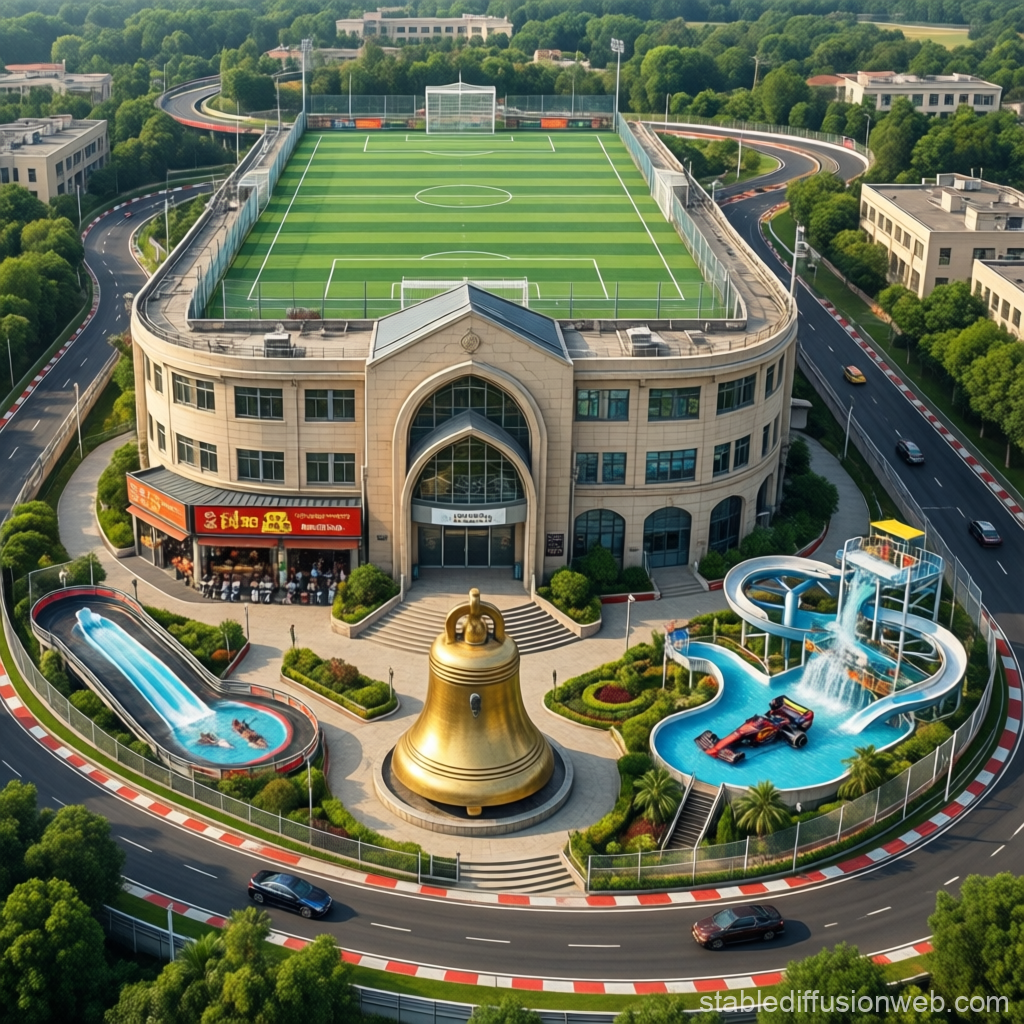 Surreal School with Rooftop Soccer Field and Waterpark