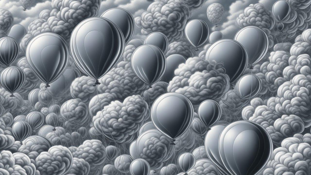 Surreal Silver Balloons Among Cloud Formations