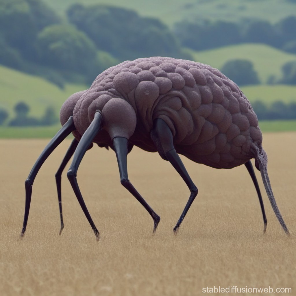 Surreal Six-Legged Creature with Textured Body in Field