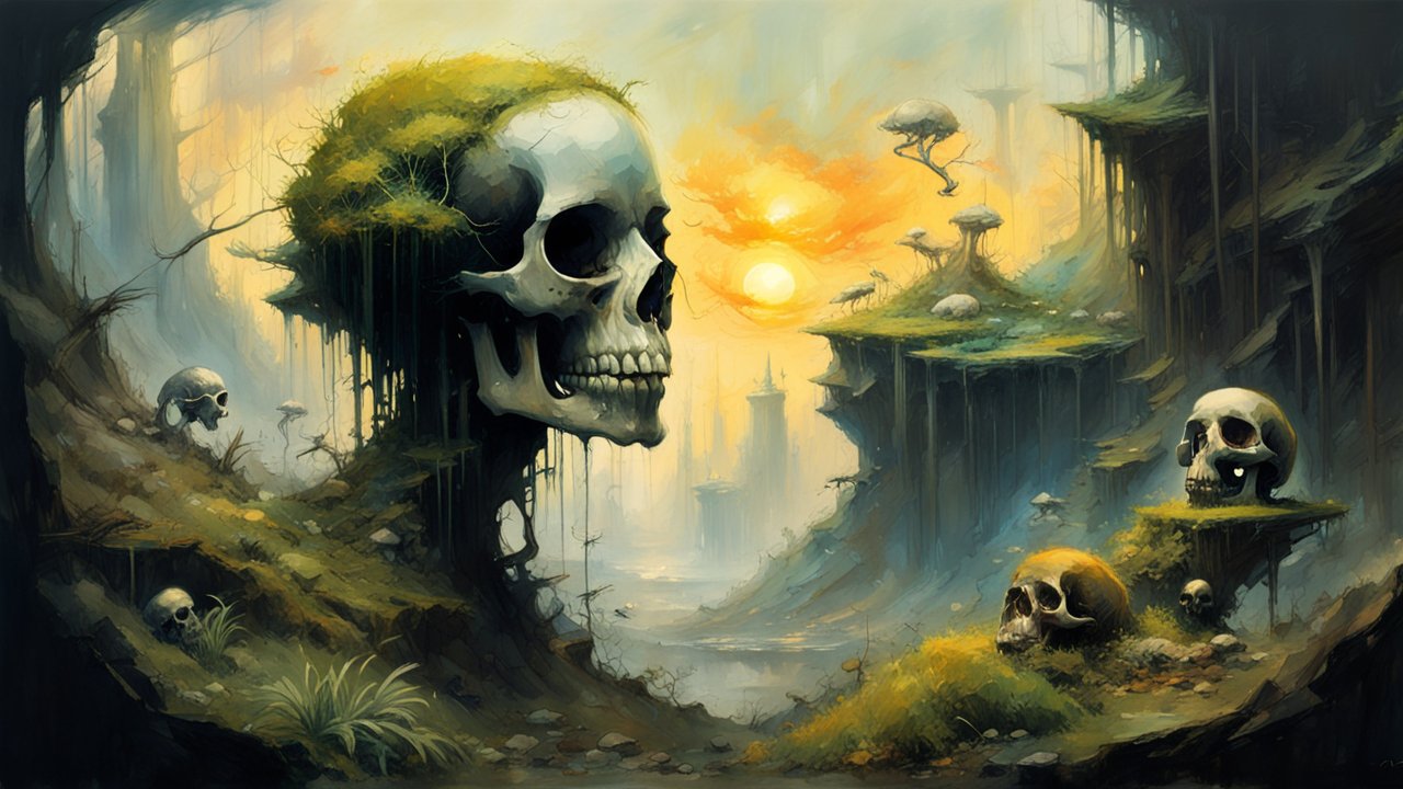 Surreal Skull Ecosystem in a Mystical Landscape
