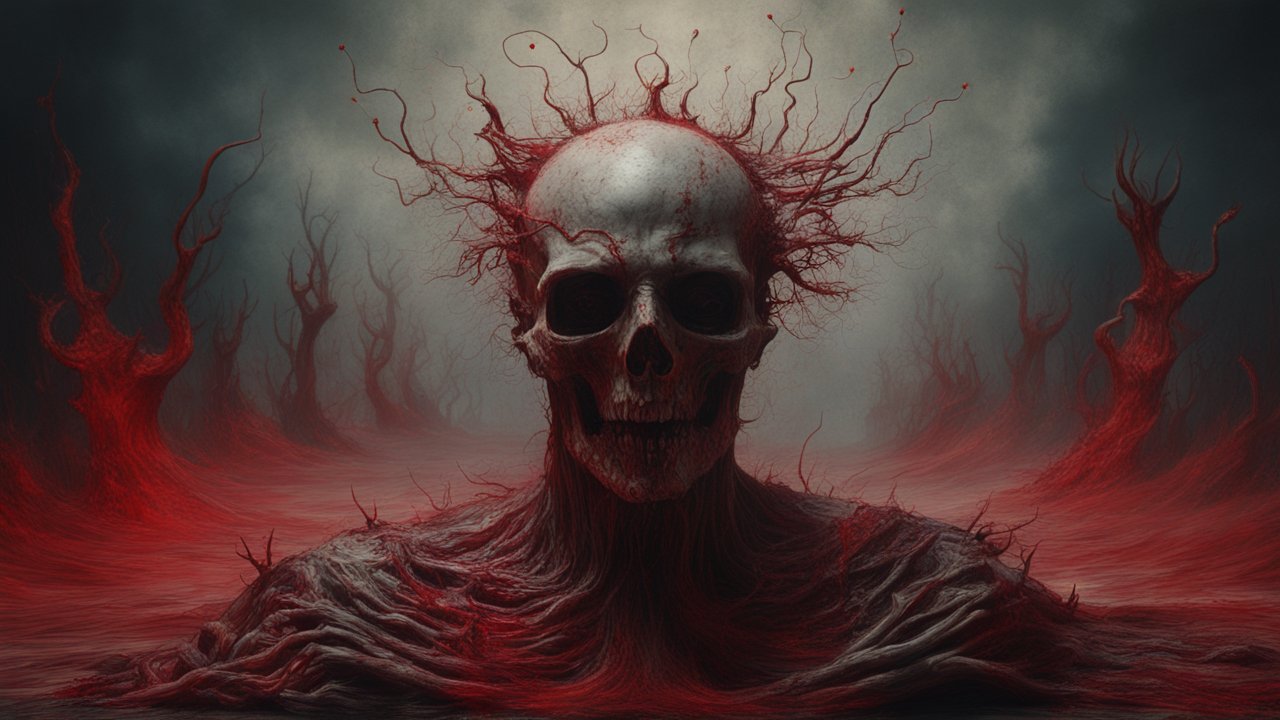 Surreal Skull with Twisted Red Branches in Dark Landscape