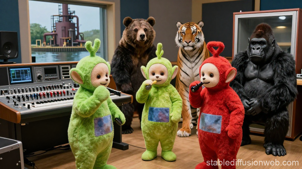 Surreal Studio Scene with Teletubby-like Characters and Wild Animals