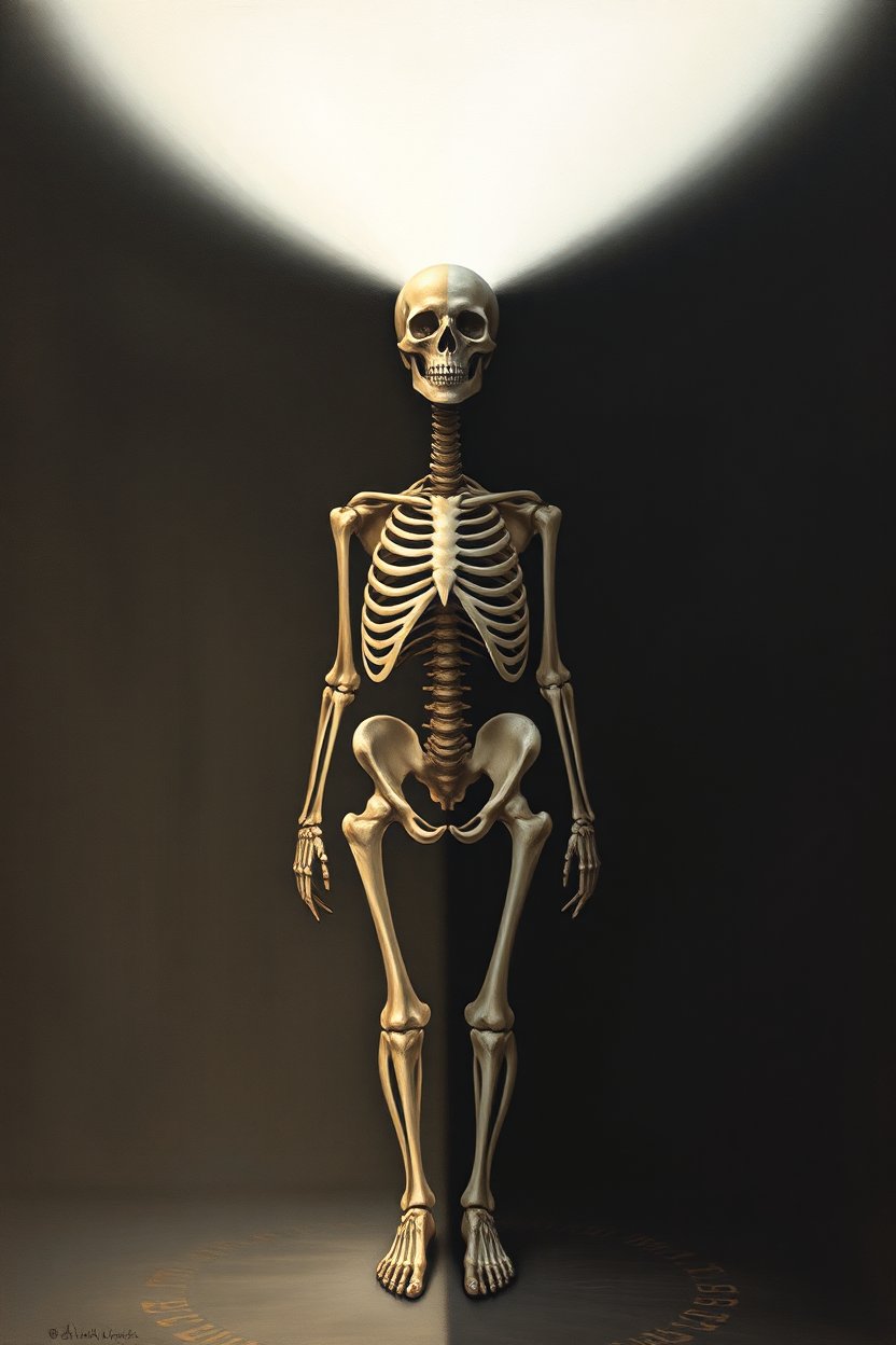 Surreal Symbolic Skeleton Illuminated by Light