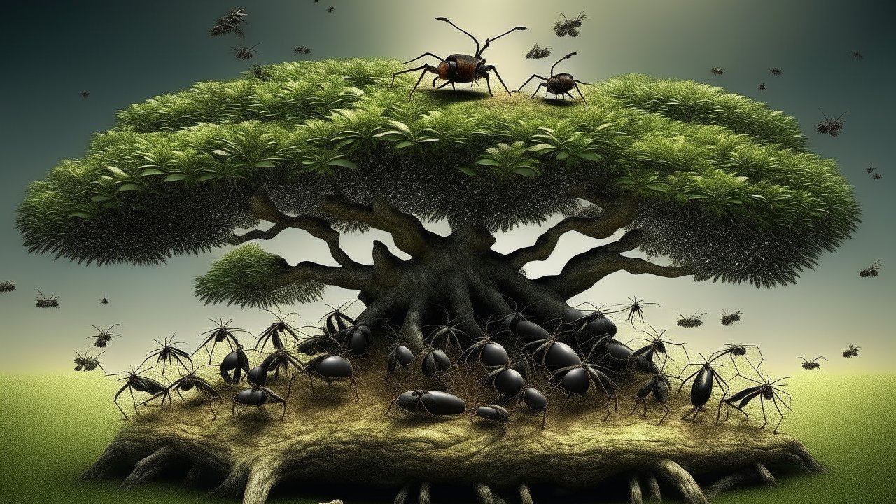 Surreal Tree with Giant Ants and Spiders