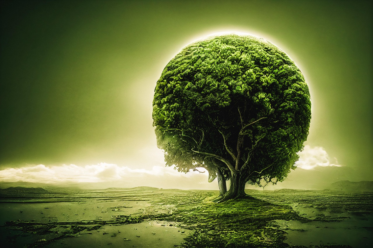 Surreal Tree with Human Face Silhouette in Fantasy Landscape