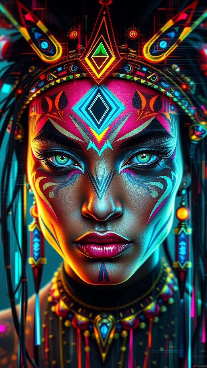 Surreal Tribal Portrait with Neon Geometric Patterns