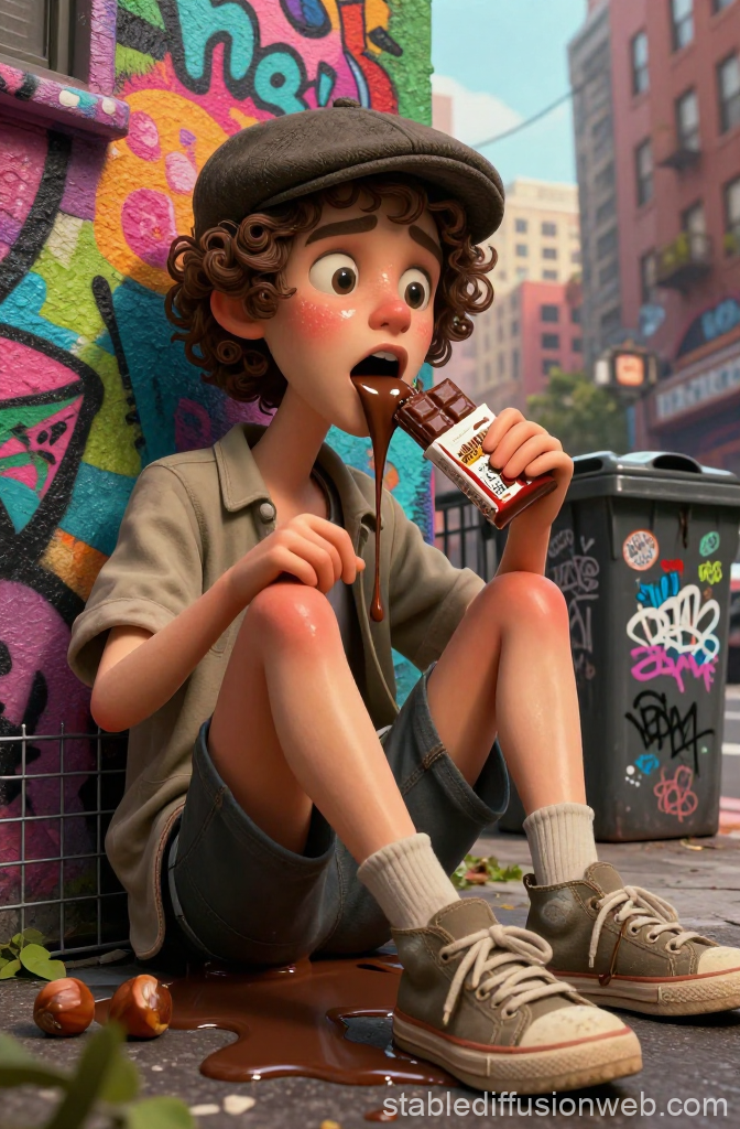 Surreal Urban Scene of Boy Melting Chocolate Bar