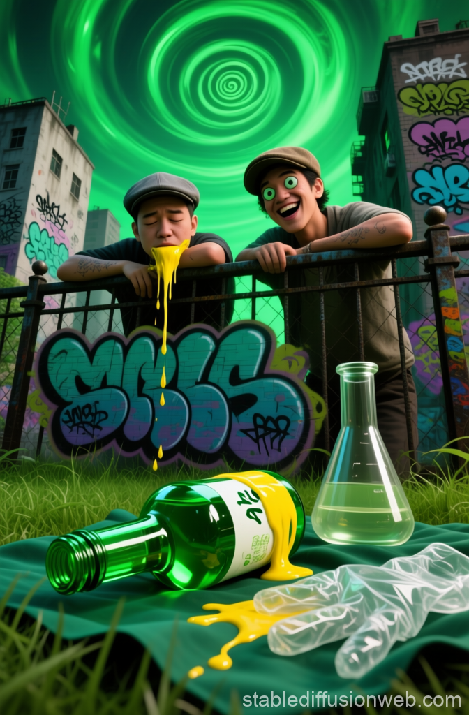 Surreal Urban Scene with Flowing Paint and Hypnotic Sky