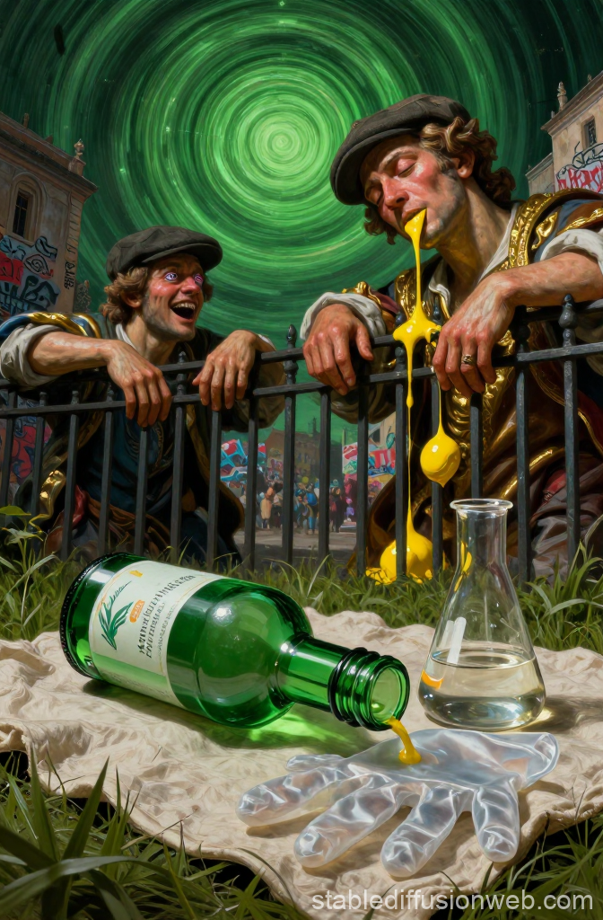 Surreal Urban Scene with Two Men and Melting Yellow Substance