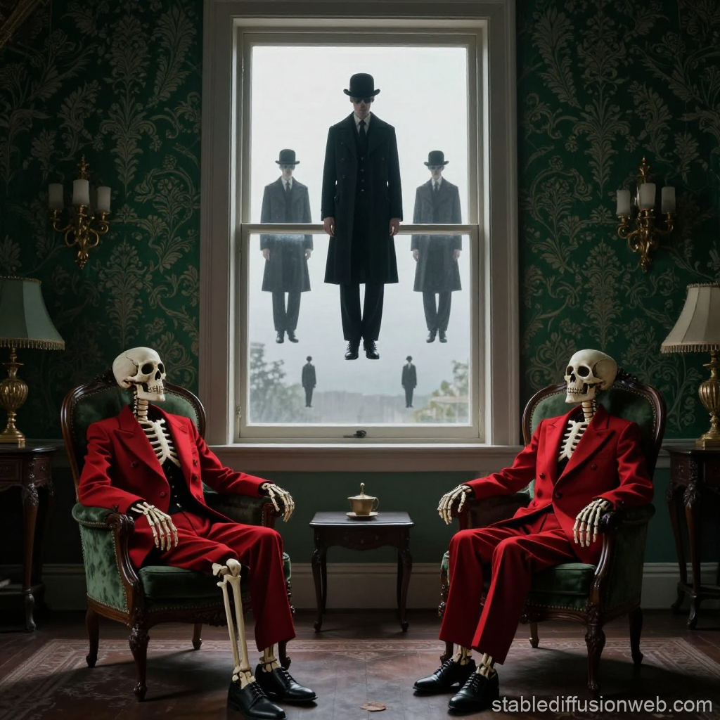 Surreal Victorian Room with Skeletons and Floating Men in Bowler Hats
