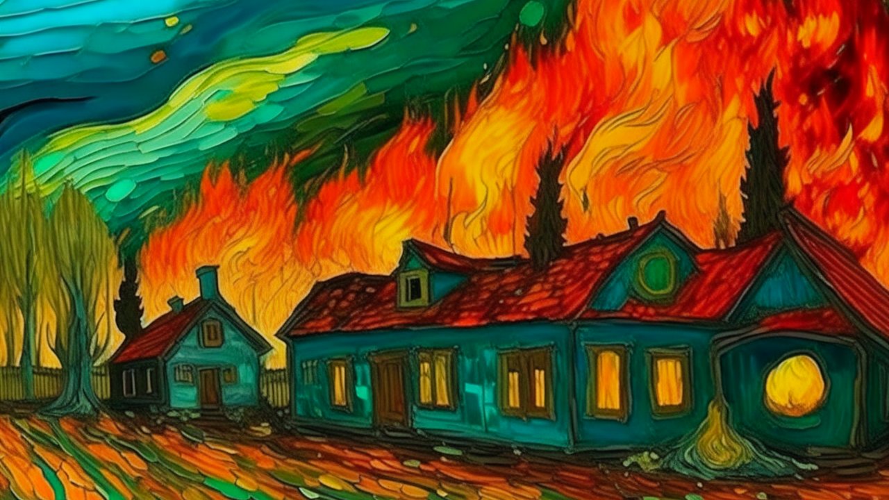 Surreal Village Houses Amid Fiery Sky