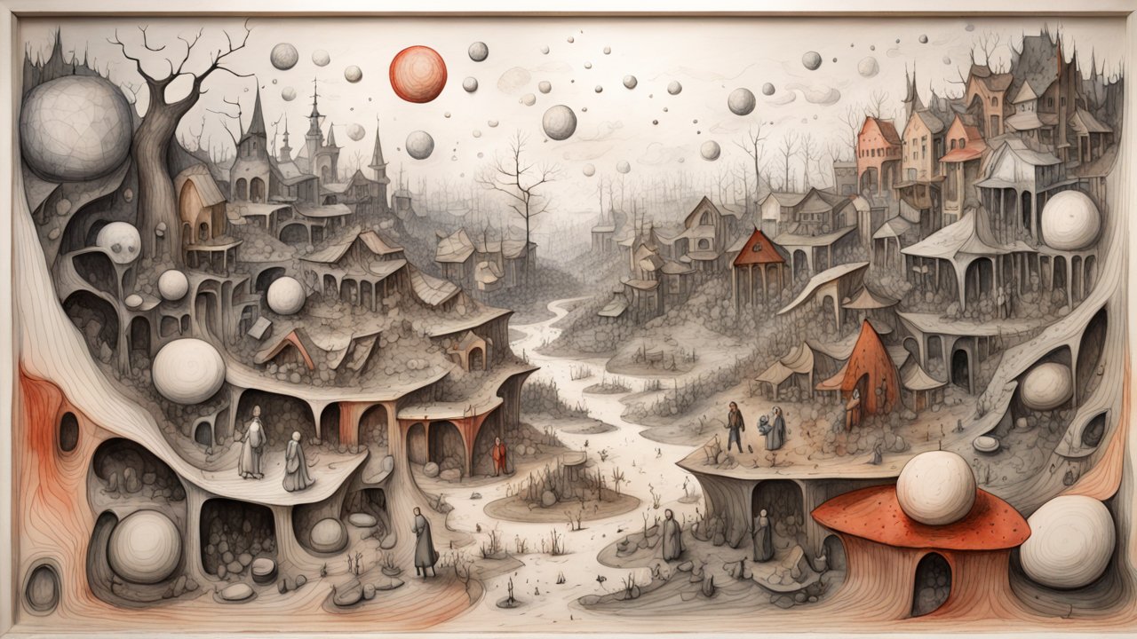 Surreal Village with Floating Spheres and Twisted Architecture