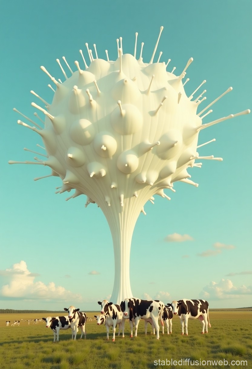 Surreal White Tree with Cows in Open Field