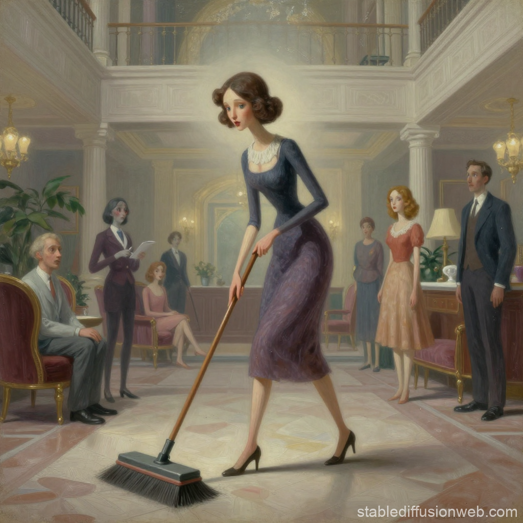 Surreal Woman Sweeping in Elegant Vintage Interior