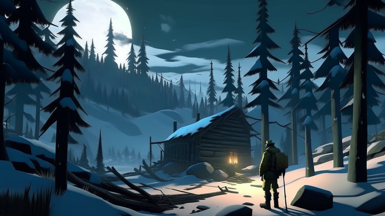 Survivor Approaching Cabin in Snowy Forest at Night
