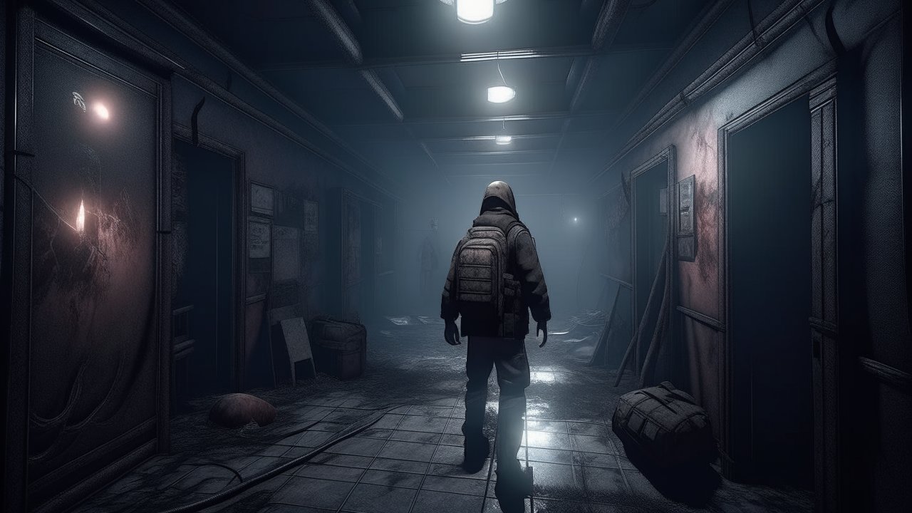 Survivor Exploring a Dark Abandoned Corridor