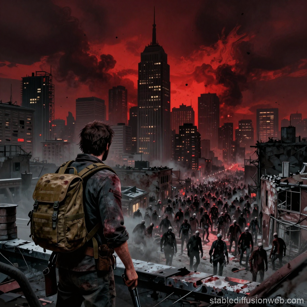 Survivor Facing Zombie Horde in Apocalyptic Cityscape