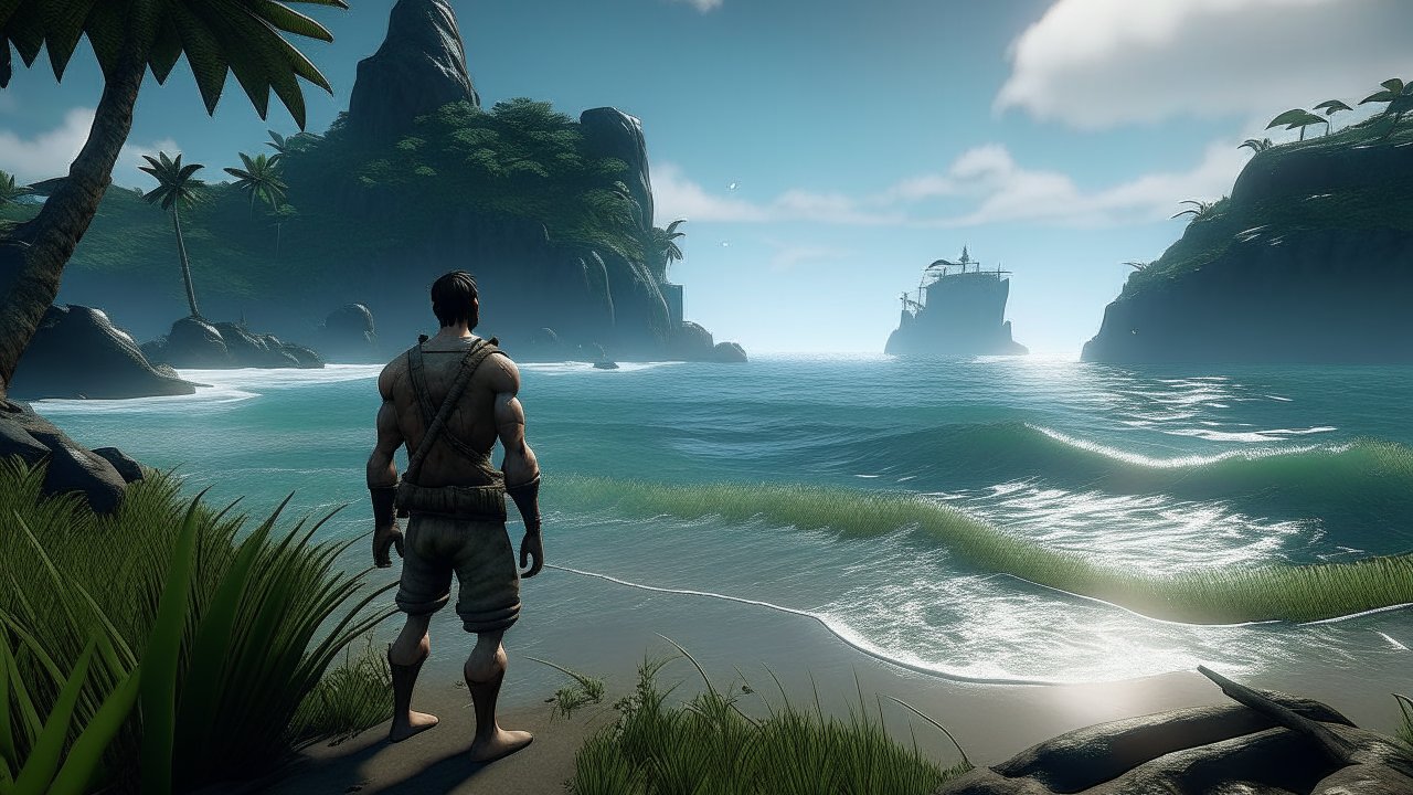 Survivor Man Gazing at Shipwreck on Tropical Island Shore