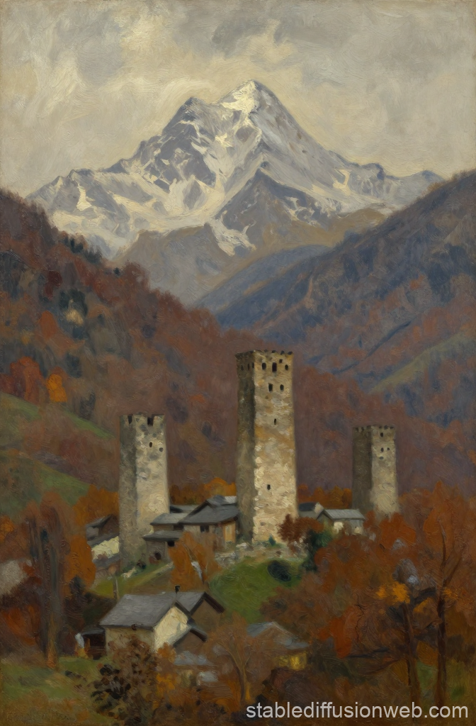 Svan Village with Medieval Towers and Snowy Mountain