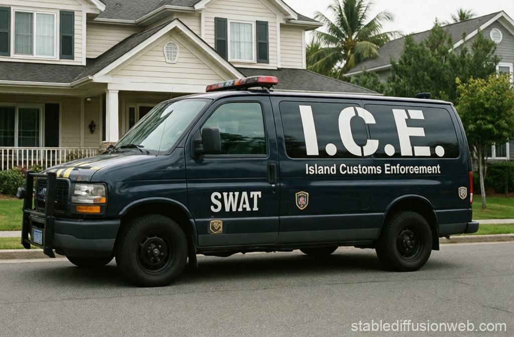 SWAT Van of Island Customs Enforcement in Suburban Neighborhood