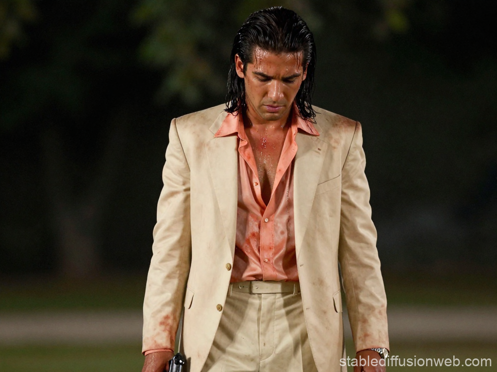 Sweaty Man in Light Suit with Intense Expression