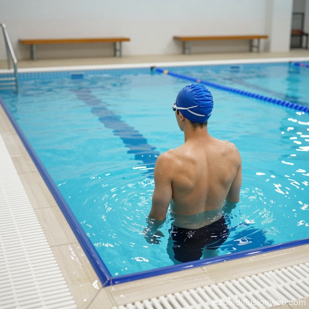 Swimmer Standing in Indoor Lap Pool Corner