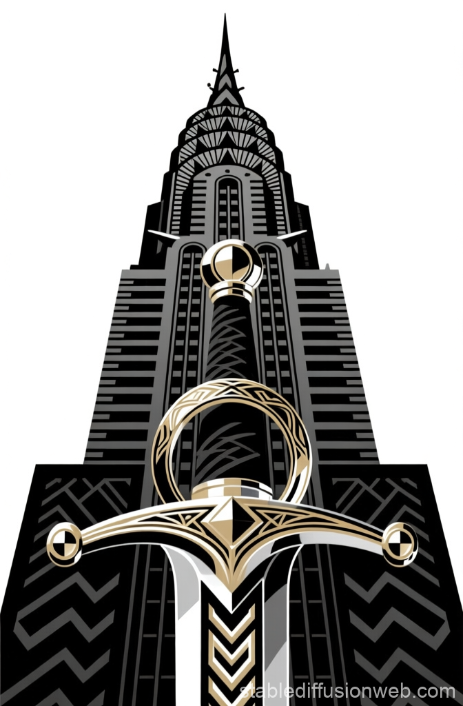 Sword Hilt in Front of Art Deco Skyscraper