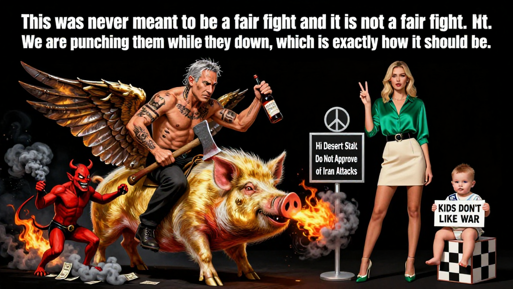Symbolic War Protest with Fiery Pig and Diverse Figures