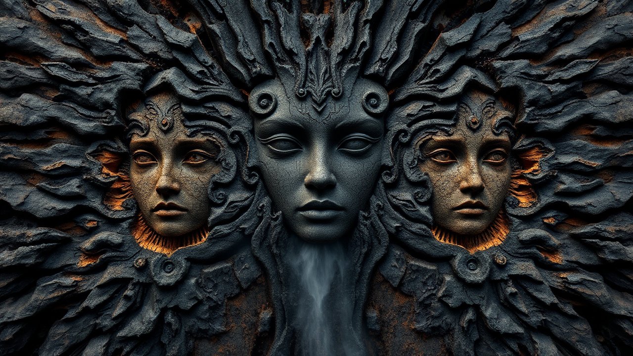 Symmetrical Stone Faces Carved in Dark Textured Relief