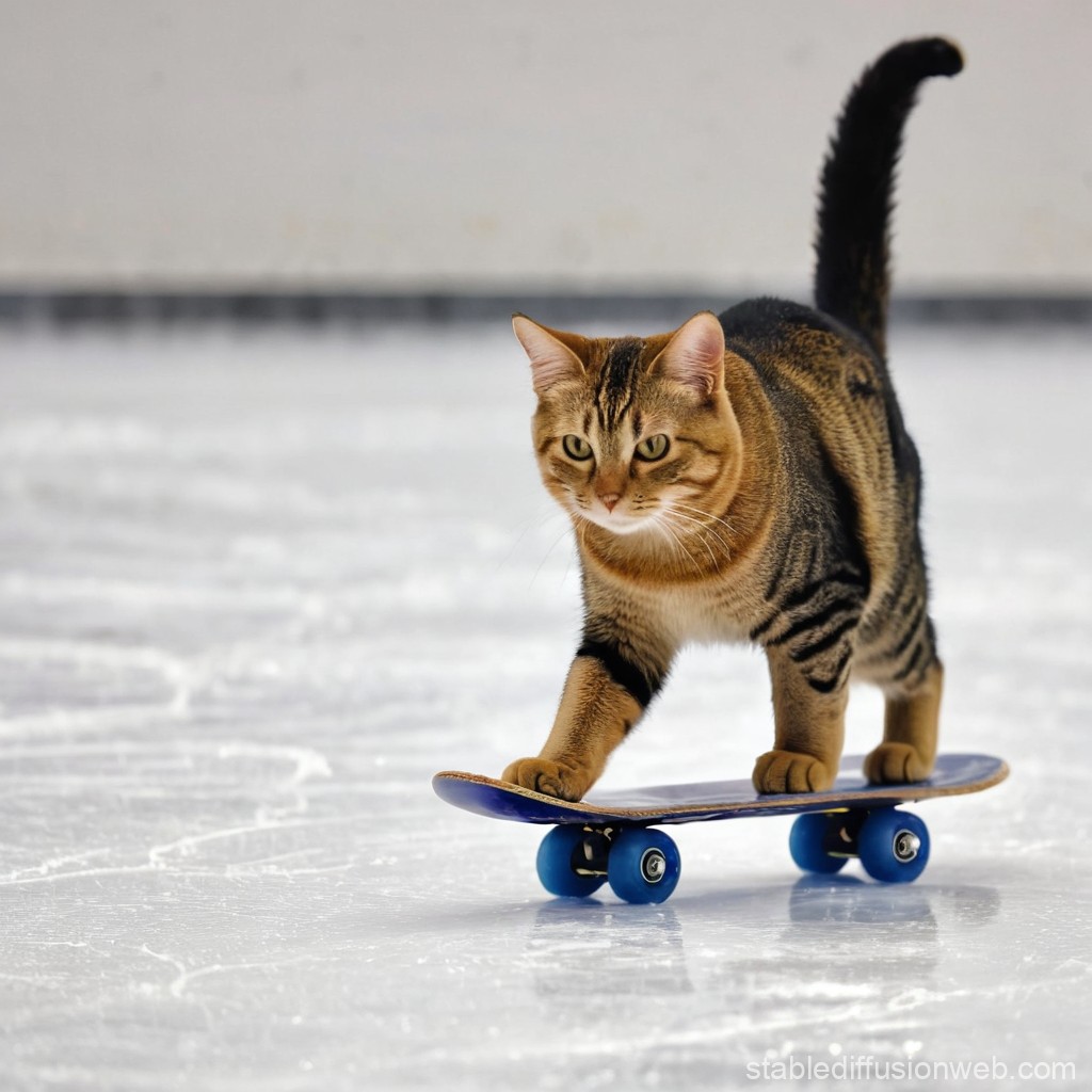 Tabby Cat Riding a Skateboard on Ice