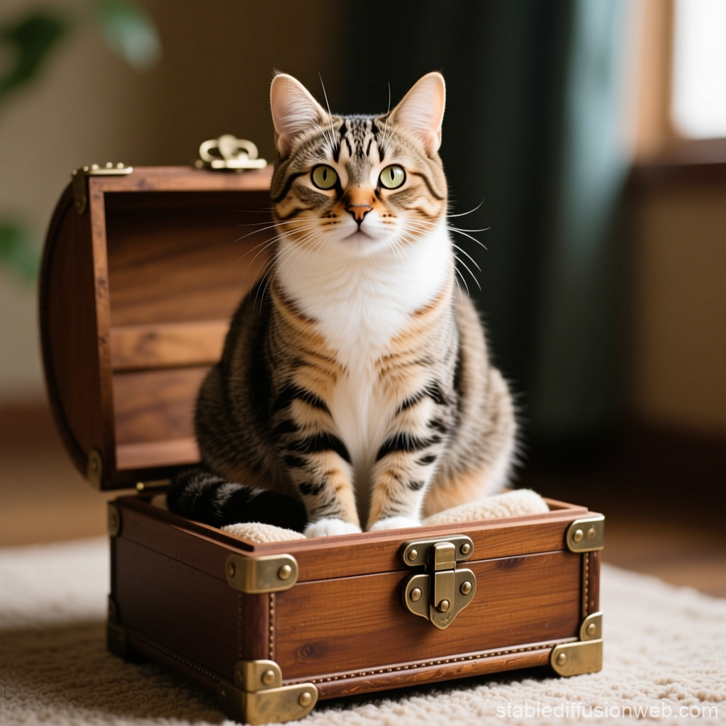 Tabby Cat Sitting Inside a Wooden Chest