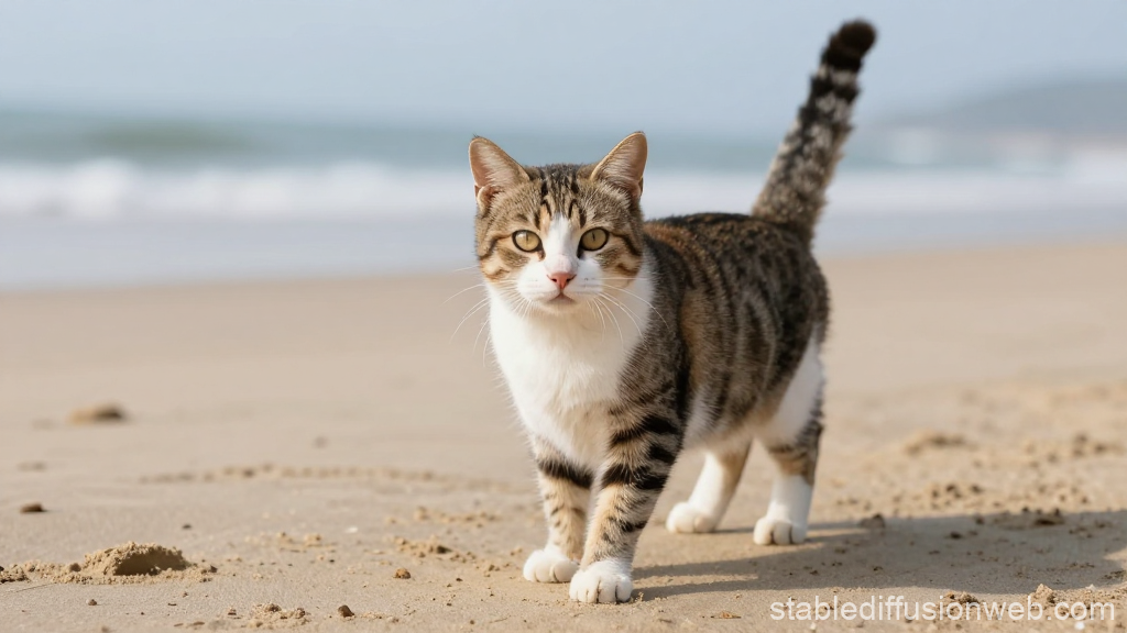 Tabby Cat Walking on Sandy Beach