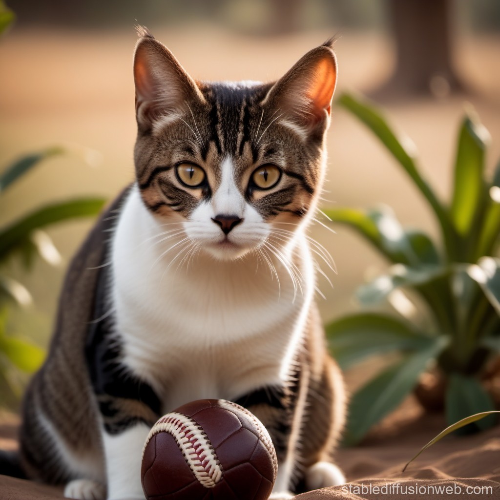 Tabby Cat with Vintage Baseball in Garden