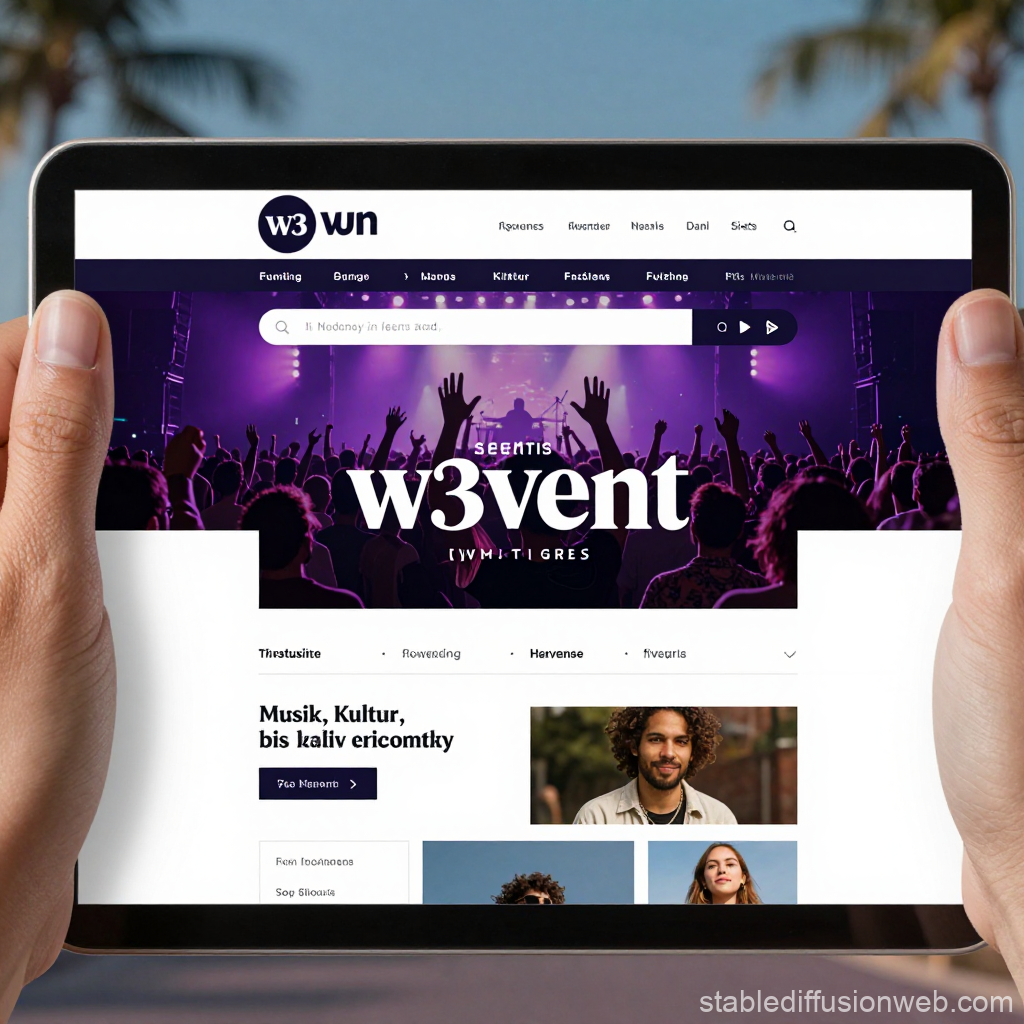 Tablet Displaying W3vent Event Website with Concert Image