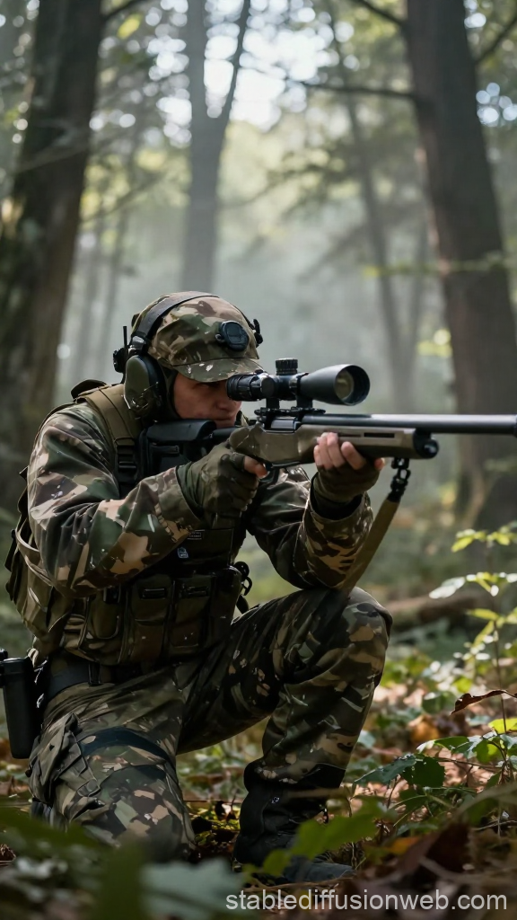 Tactical Sniper in Camouflage Gear Aiming in Forest